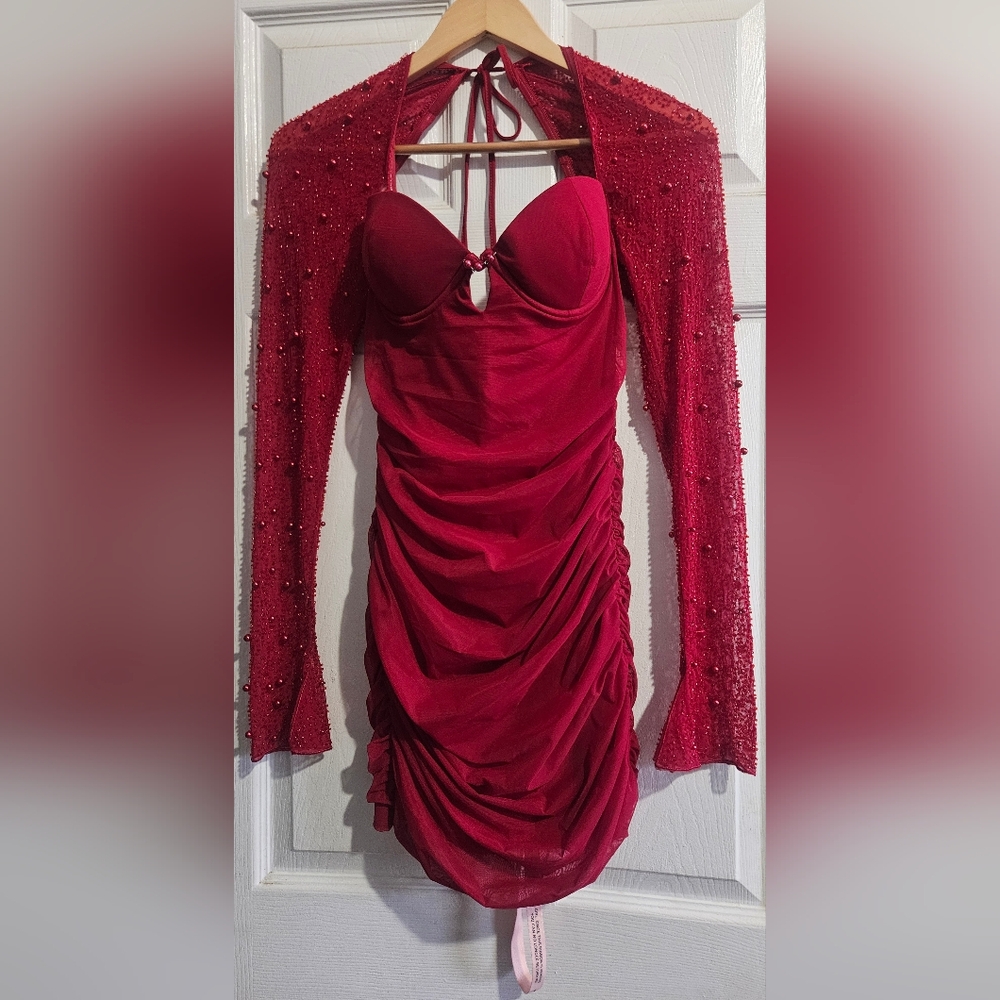 Oh Polly Red Embellished Bustier Mini Dress